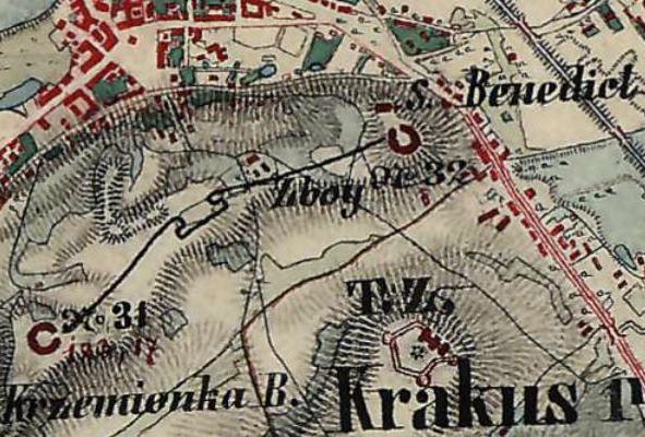 Okop pomiĂŞdzy Fortami 32 i 31 na mapie austriackiej.JPG